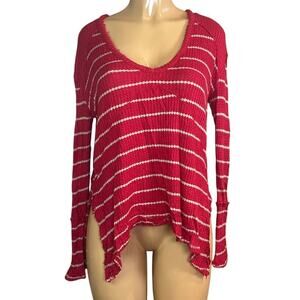 Free People Sunset Park Thermal Tunic Top Red White Stripe Long Sleeve Size XS